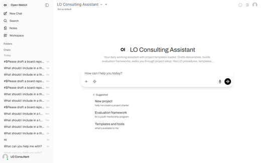 The AI platform interface showing the sidebar with past conversations on the left and the chat area on the right where you type messages and see AI responses