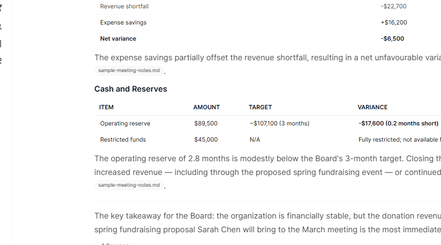 Asking the AI to expand the financial summary, showing the revised response with more detail