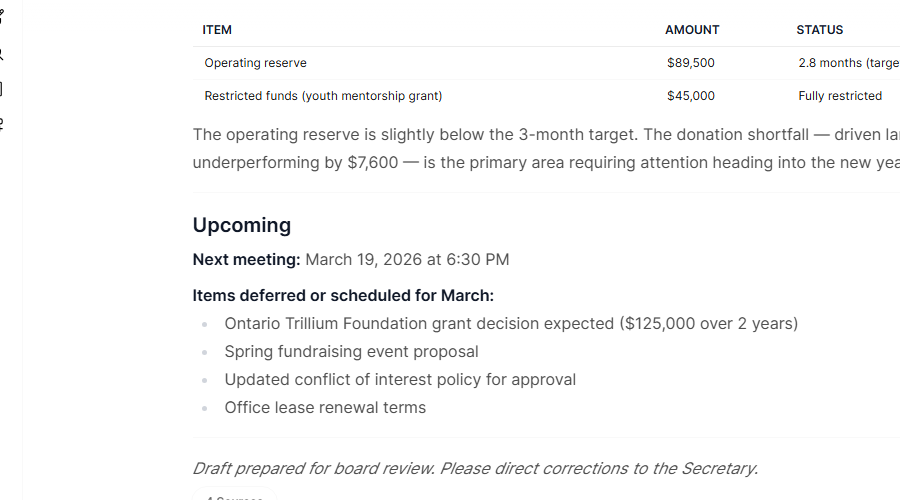 The AI generating a structured board report with headings, decisions, and action items