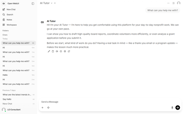 The Open WebUI interface showing the sidebar on the left, chat area in the centre, message box at the bottom, and model selector at the top
